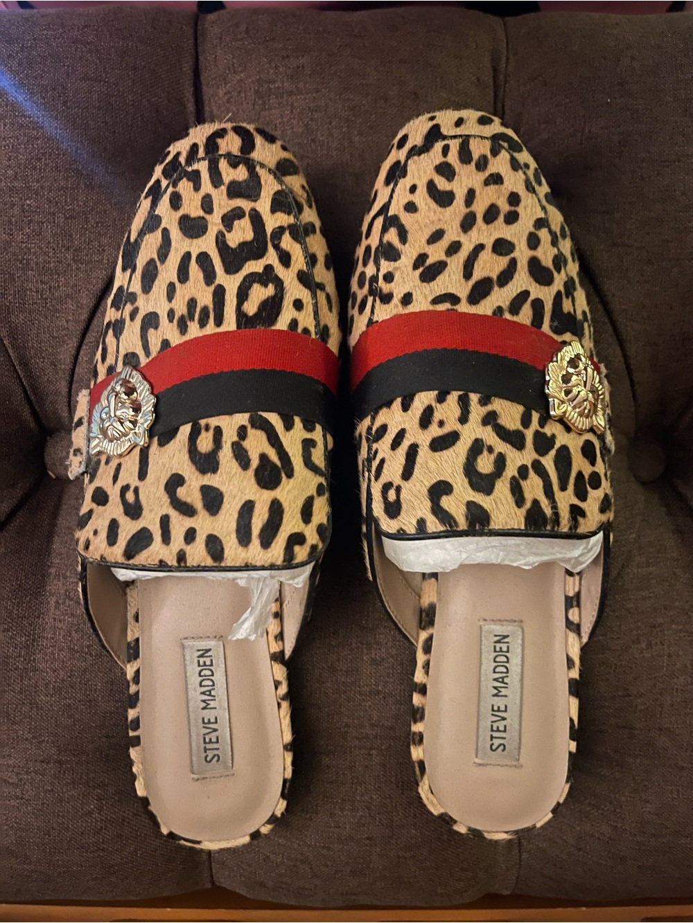 Steve Madden Leopard Print Mules with Red and Black Straps